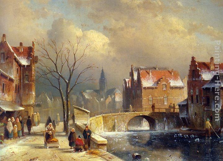 Charles Henri Joseph Leickert Winter Villagers on a Snowy Street by a Canal